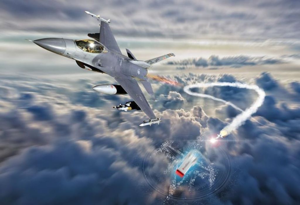 BriteCloud 218 miniaturized decoy launched from an F-16 fighter