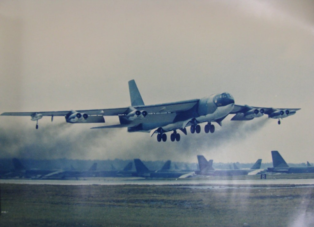 B-52 bomber takes off from Andersen Air Force Base in support of Linebacker II