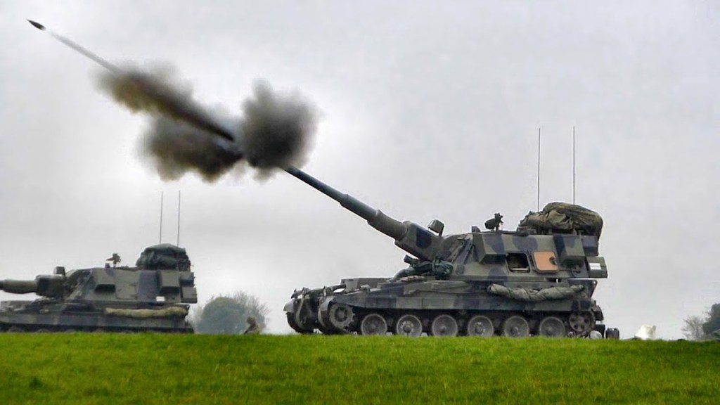 British Army AS90 SPGs firing