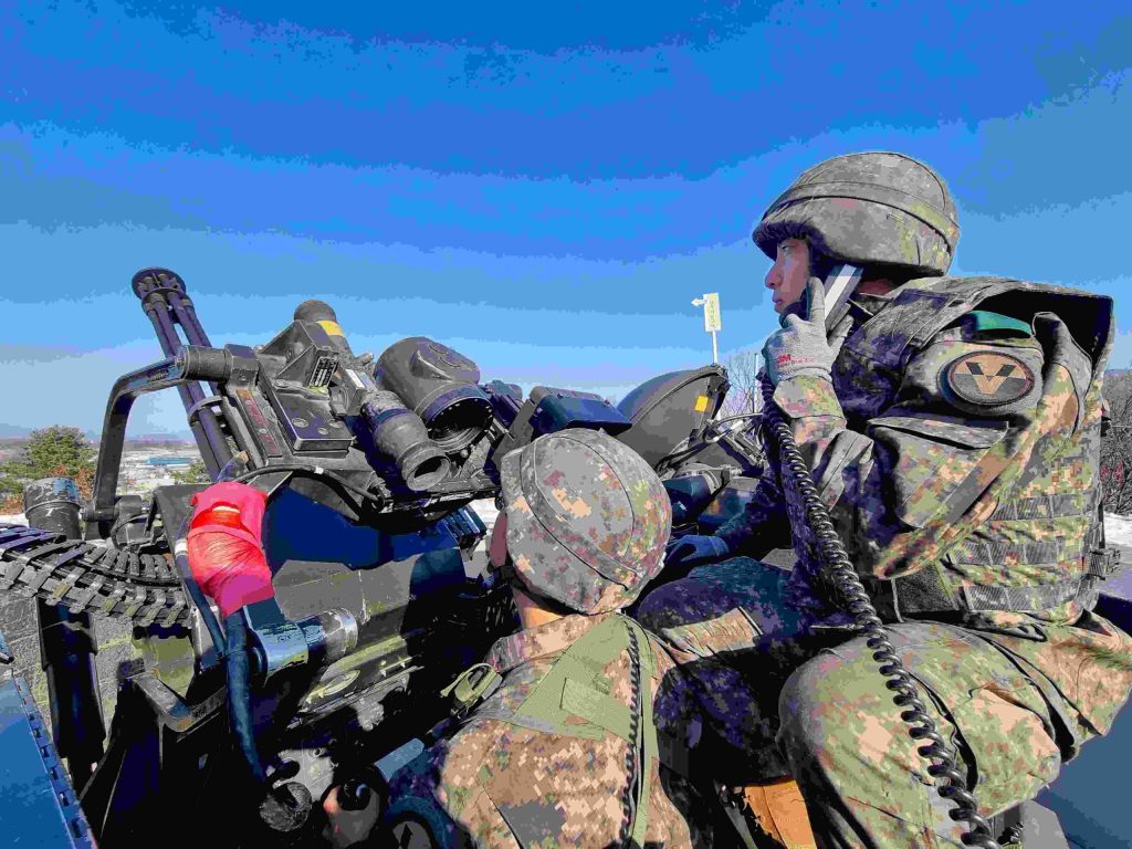 South Korean soldiers operate a Vulcan automatic cannon