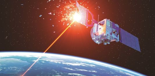Laser Weapon From Earth Destroys Satellite In Space. 3D Illustration.