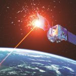 Laser Weapon From Earth Destroys Satellite In Space. 3D Illustration.