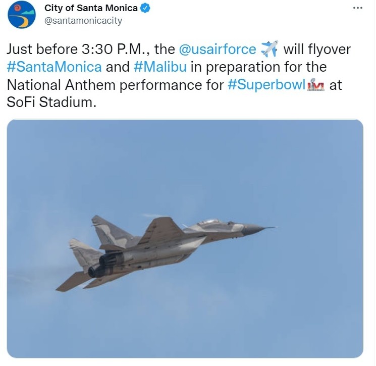 The city of Santa Monica, California, used a Russian MiG-29 photo to advertise a US Air Force flyover of the Super Bowl on February 13, 2022. Twitter/screenshot