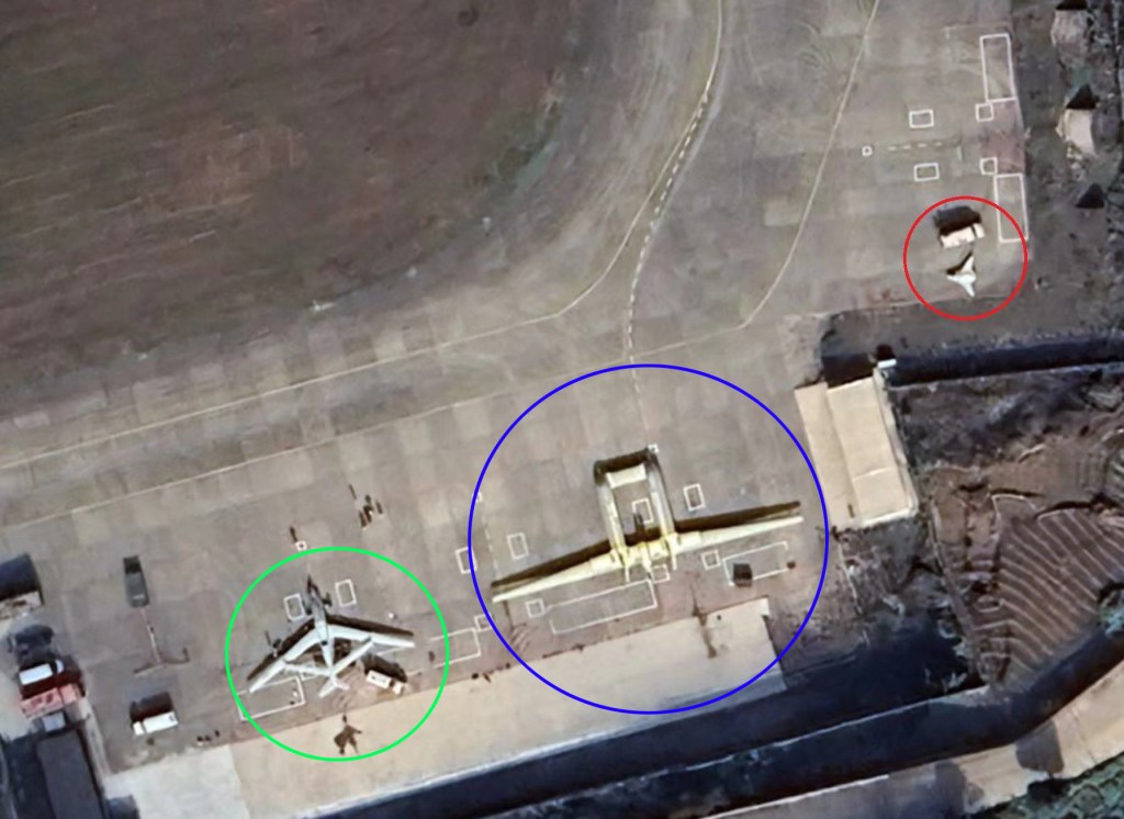 WZ-7 (circled in green), Divine Eagle AWACS drone (in blue) and an unidentified UCAV (in red) seen in a satellite picture. Source: X (formerly Twitter)